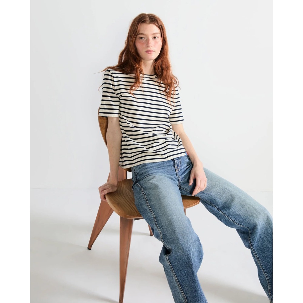 KULE The Modern Core Cream Navy Striped Cotton Tee Shirt XL Coastal Minimalist